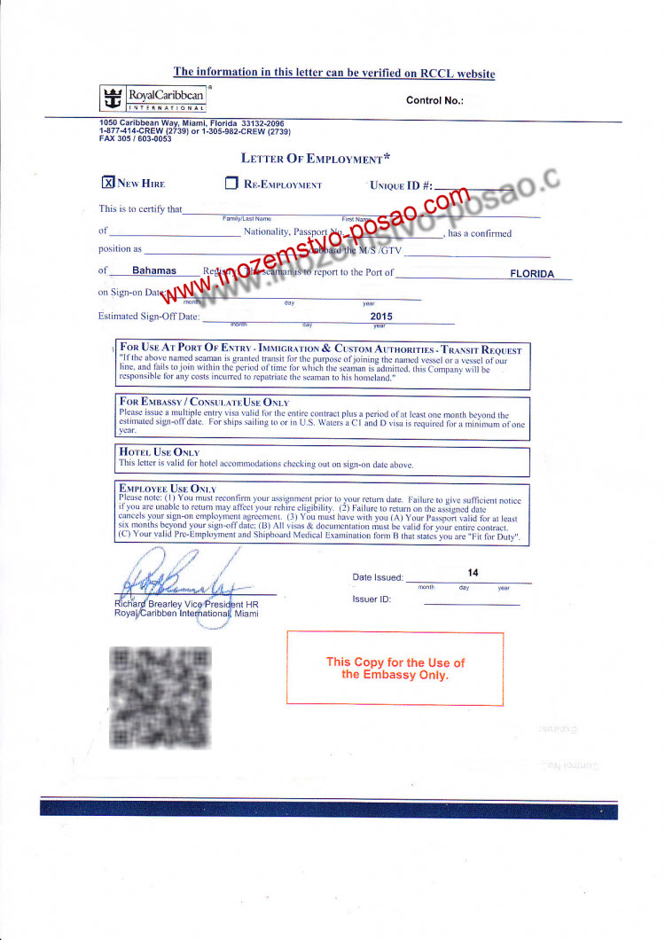 Royal Caribbean International Letter of Employment